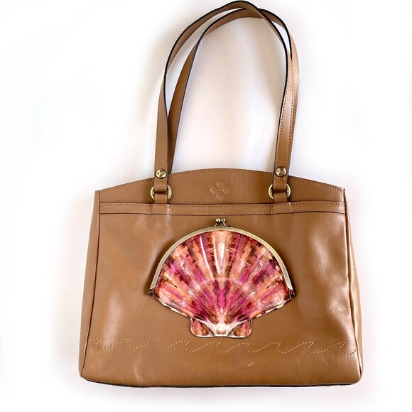 Patricia Nash Poppy Tote Leather w Seashells by the Seashore Scarf Tan Naturale - Picture 1 of 16